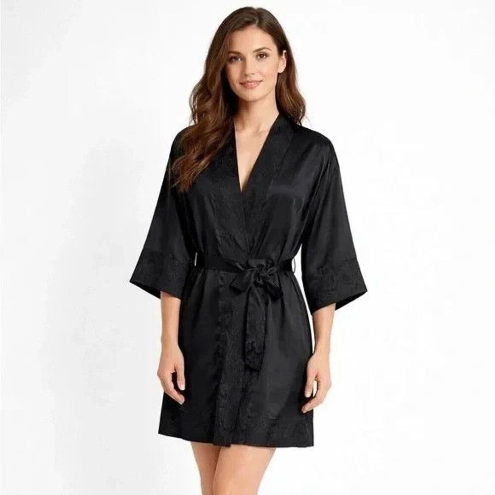 Victoria's Secret Womens Satin Kimono Robe Sz M/L  Black Short Wrap Belted EUC